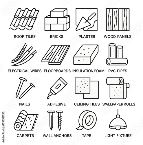 Construction linear icon set. containing bricks, plaster, nails, floorboards, insulation, wallpaper, and more.