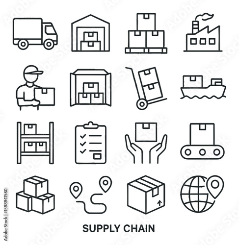 Supply chain linear icon set. featuring truck, warehouse, factory, worker, ship, conveyor, packaging, delivery.