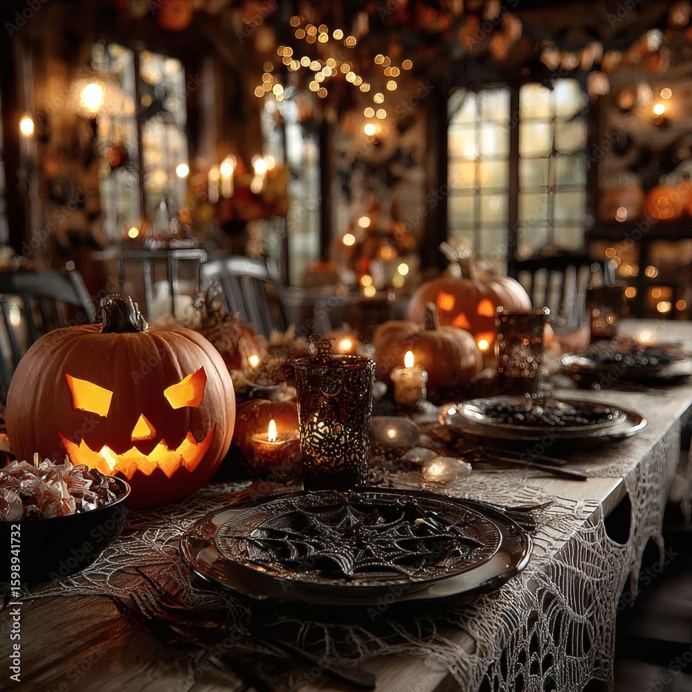Fototapeta premium Spooky Halloween Table Setting with Jack-O'-Lanterns and Spiderweb Decor