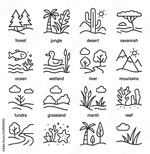 Nature linear icon set. includes forest, jungle, desert, savannah, ocean, wetland, river, mountains, tundra, grassland.