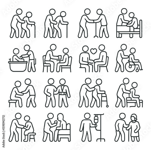 Healthcare linear icons set: elderly care, assistance, bathing, wheelchair, walker, iv, support
