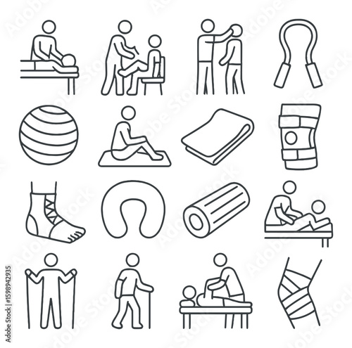 Physical therapy linear icons set: massage, exercise, stretching, equipment, rehabilitation, physiotherapy, healing