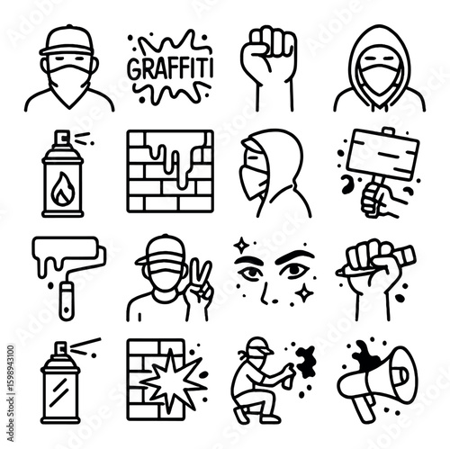 Graffiti linear icon set. containing spray can, wall, artist, megaphone, street art, paint, mask, brick, and more.