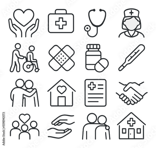 Healthcare linear icon set. containing doctor, stethoscope, clinic, medicine, support, wheelchair, thermometer