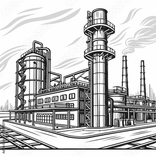 Illustration of industrial factory plant with chimneys and pipelines drawing style vector design