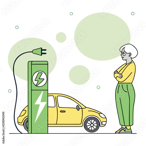 Electric vehicle charging station with woman waiting for her ev to charge up energy power battery