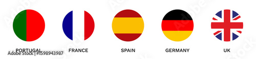 Set of five european flags speech bubbles. Portugal, France, Spain, Germany, United Kingdom. Standard color. Circle Button Icon Flag. Vector Illustration.