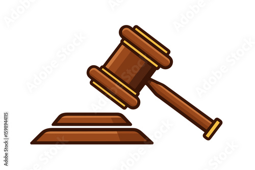 Cartoon wooden judge gavel icon in flat vector style, brown and gold colors, symbol of justice and law