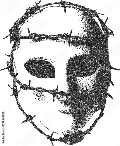 Mask vintage y2k stipple art, conceal halftone stipple brutalist retro vector png with transparent background, disguise 2000s aesthetic photocopy effect tattoo