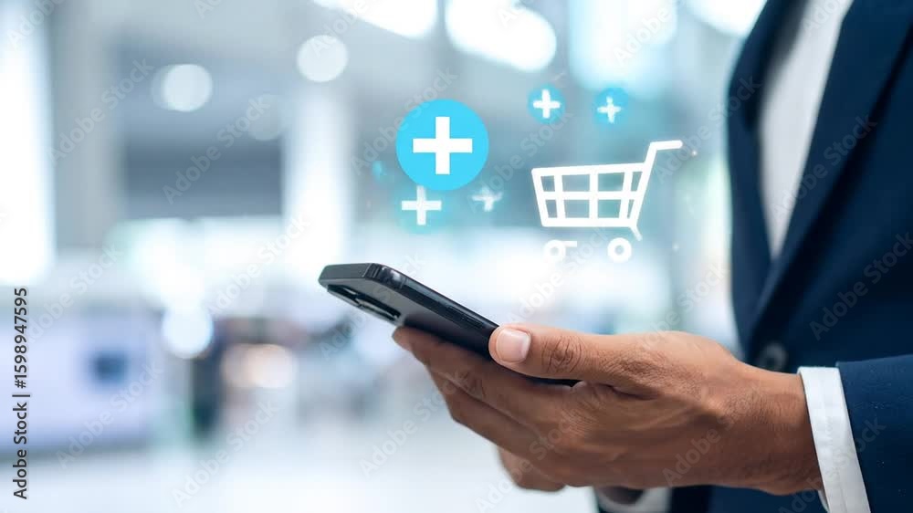 A hand holding a mobile phone with a shopping cart on top. 4k video