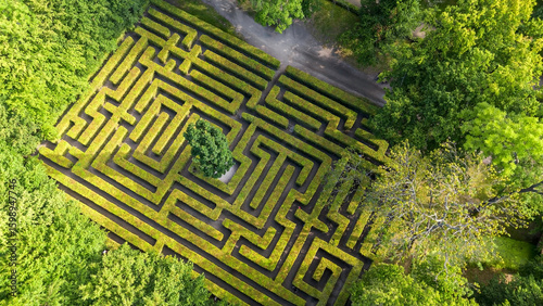 Aerial view of a green hedge maze in a park in Wroclaw, Poland