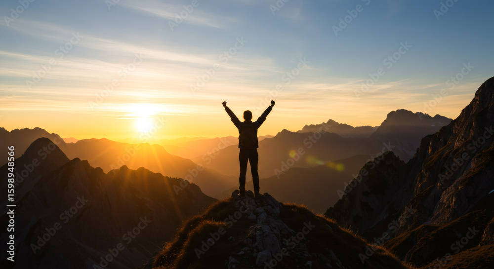 Silhouette of businessman celebrating raising arms on the top of mountain with over blue sky and sunlight 03 Silhouette of businessman celebrating raising arms on the top of mountain with over blue sky and sunlight 03