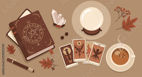 Witchcraft Tabletop Setup with Crystal Ball, Tarot Cards and Spell Book