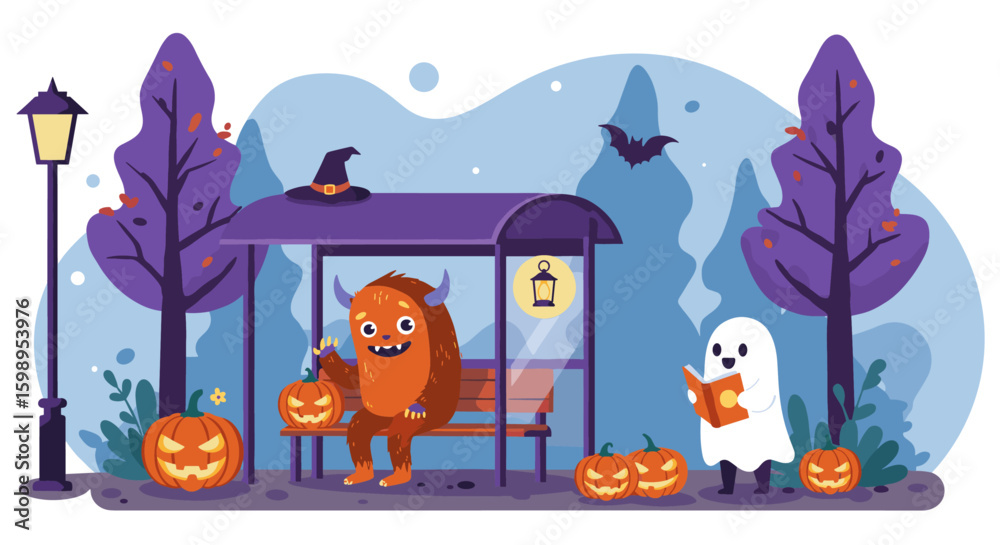 Fototapeta premium Halloween Bus Stop with Monster and Ghost