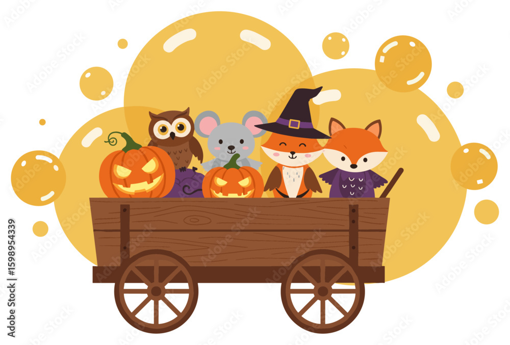 Fototapeta premium Halloween Animal Parade in a Wooden Cart