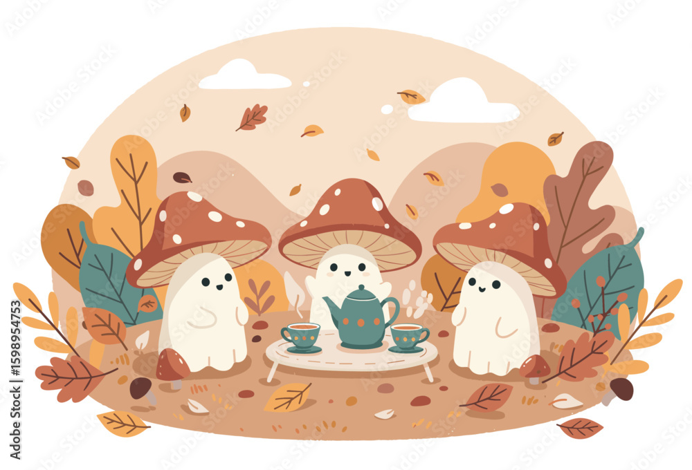Naklejka premium Halloween Ghosts Having a Mushroom Tea Party