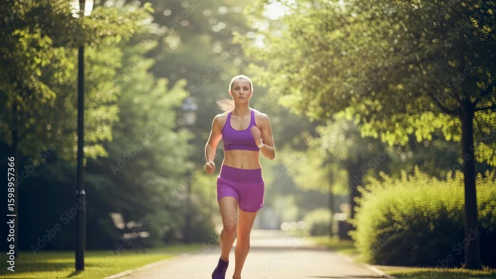 Woman jogging in sunny park alley. Outdoor fitness and healthy lifestyle concept. Summer morning run through tree-lined path. Wellness and exercise routine. Woman jogging in sunny park alley. Outdoor fitness and healthy lifestyle concept. Summer morning run through tree-lined path. Wellness and exercise routine.