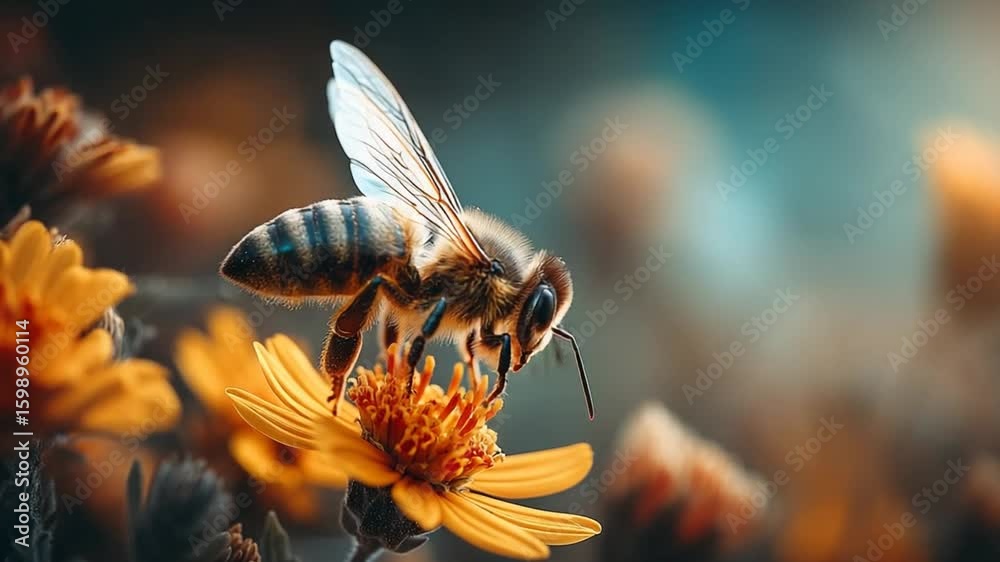 Bee collecting pollen from a yellow flower against blurred sunny background.