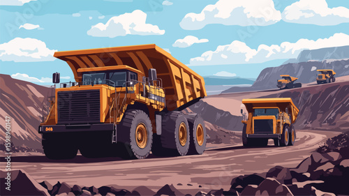 Heavy Duty Mining Dump Trucks Moving Through Open Pit Mine