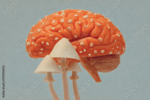 Human brain resembling a mushroom with actual mushrooms growing underneath. Concept of psychedelic experience or altered mental state.