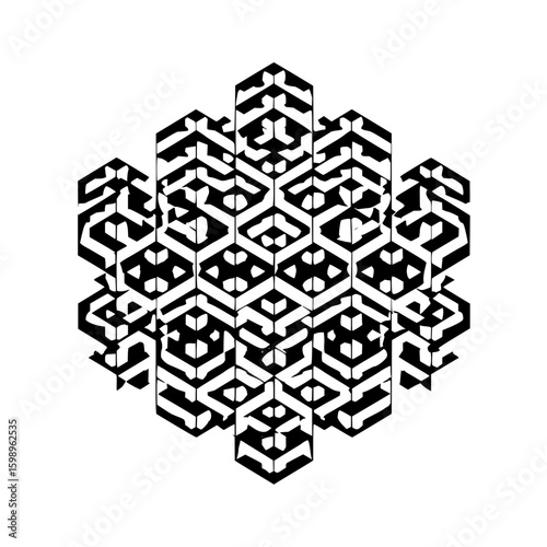 A complex geometric pattern composed of interlocking black and white hexagonal shapes forming a cluster