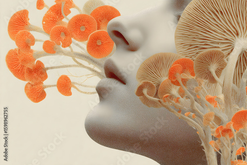 Woman with mushrooms growing from her face. Abstract female face merging with natural forms. Surreal artwork for psychological concepts.