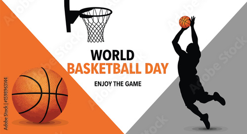 Celebrating World Basketball Day with a dynamic silhouette of a player shooting and a detailed basketball against a modern geometric backdrop, encouraging enjoyment of the sport.