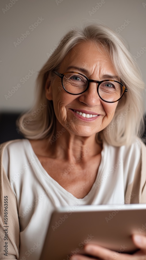 Senior woman wearing glasses, using digital tablet, grinning while browsing internet from comfortable living room sofa, representing tech savvy elderly lifestyle Senior woman wearing glasses, using digital tablet, grinning while browsing internet from comfortable living room sofa, representing tech savvy elderly lifestyle