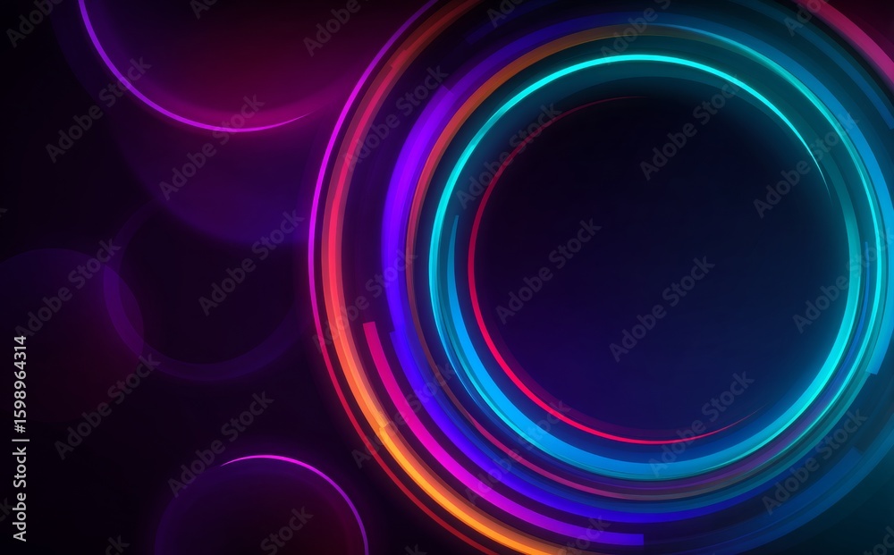 Glowing neon light trails form a vibrant circular frame against a dark backdrop, with colorful bokeh circles adding depth and a touch of magic to the scene Glowing neon light trails form a vibrant circular frame against a dark backdrop, with colorful bokeh circles adding depth and a touch of magic to the scene