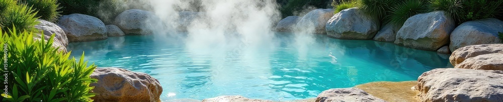 Fototapeta premium Serene geothermal hot spring pool, steaming water, surrounded by lush green vegetation and smooth rocks Ideal for relaxation and wellness themes , rocks, plants, water
