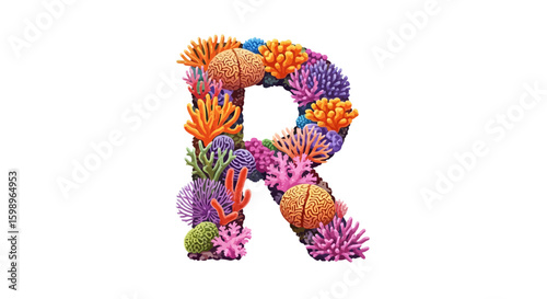 Vector coral reef alphabet r illustration, colorful coral reef letter r design, ocean themed letter r artwork