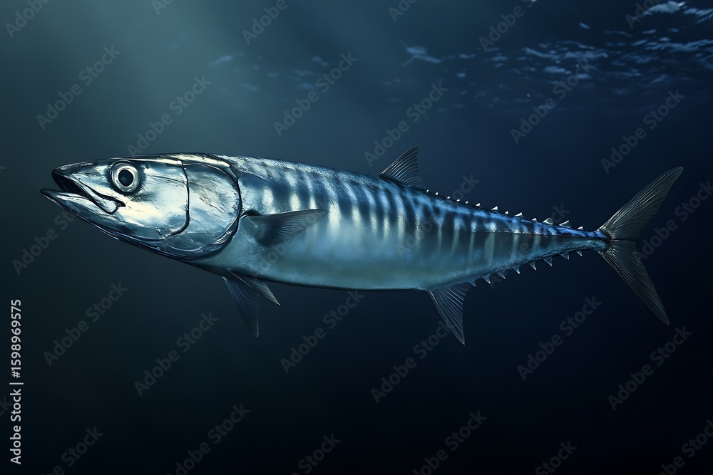 Fototapeta premium Swimming Wahoo Fish Close-up in Deep Blue Sea Underwater View
