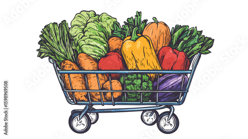 Fresh Vegetables in Full Supermarket Trolley Engraving Illustration
