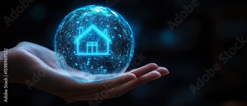 A hand holding a glowing sphere with a house icon, representing home safety and protection in the digital age, radiant neon accents, hyperdetailed, 4K quality
