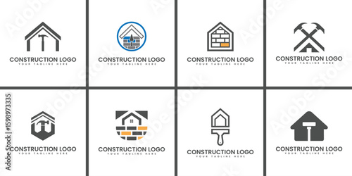 Collection of eight distinct construction and building industry logo designs featuring architectural elements and tools