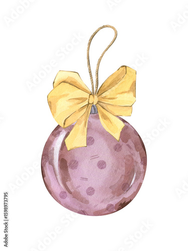 Purple Christmas ball with a yellow bow. Hand drawn watercolor illustration holiday decoration hangs from a string, symbolizing holiday. Isolated on white for invitation, card, New Year, printing.