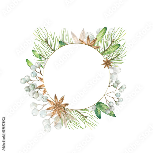 Watercolor round frame on white background. Hand drawn illustration with green leaves, fir twigs, white berries, and star anise. The design is elegant and suitable for invitations or greeting cards.