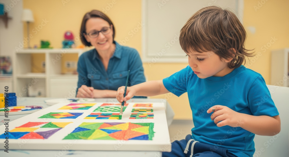 Fototapeta premium A young boy in a blue shirt paints colorful geometric shapes with an adult watching and smiling nearby