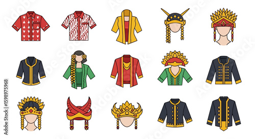 Vibrant Icon Set of Traditional Indonesian Attire Including Batik Shirts Kebayas and Ornate Headdresses. Vector Illustrations. EPS Editable