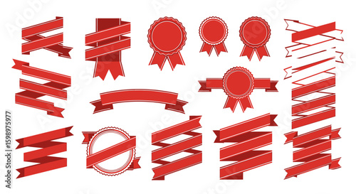 Vector collection of various red award ribbons banners and rosette seals with white pinstripes. Vector Illustrations. EPS Editable