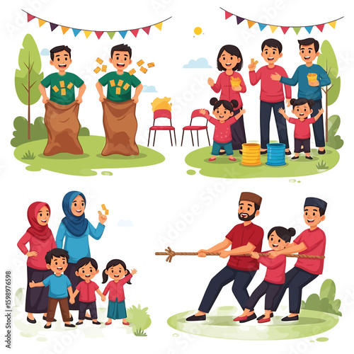 A vibrant cartoon collection of diverse families joyfully competing in traditional outdoor festival games like sack race and tug of war. Vector Illustrations. EPS Editable