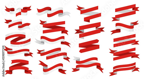 Collection of Red and White Wavy and Folded Decorative Ribbon Banners. Vector Illustrations. EPS Editable
