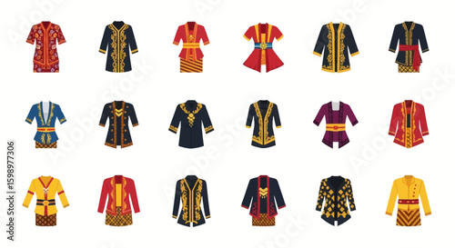Collection of traditional Indonesian Kebaya and Baju Kurung with vibrant colors ornate patterns and gold details. Vector Illustrations. EPS Editable