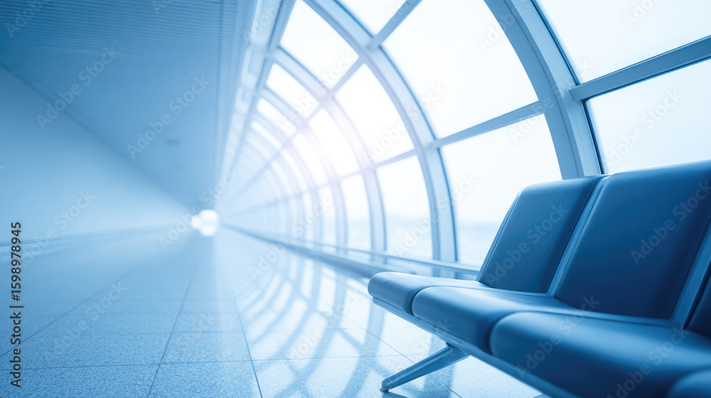 Fototapeta premium Modern airport terminal with a sleek, empty walkway and seating area bathed in blue light. Concept: travel, minimalism, architecture