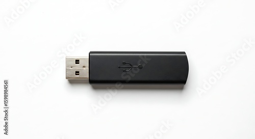 A black USB drive is isolated on a clean white background, ready to be used.