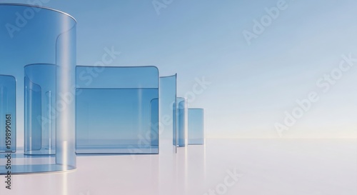 Abstract composition of translucent blue geometric shapes and cylinders against a soft gradient sky background
