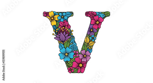 Vector floral letter v design with colorful flowers and leaves for decoration and creative projects vector art
