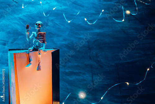 Halloween book mockup.Skeleton Puppet Reading Book at Night on chalkboard with blue light