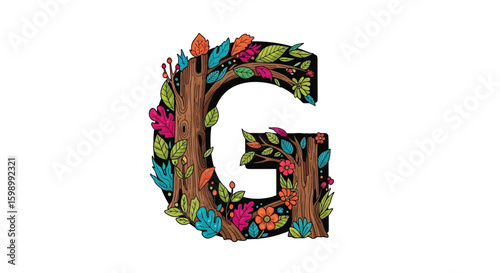 Vector floral letter g alphabet design with leaves and flowers for initial monogram logo and nature typography