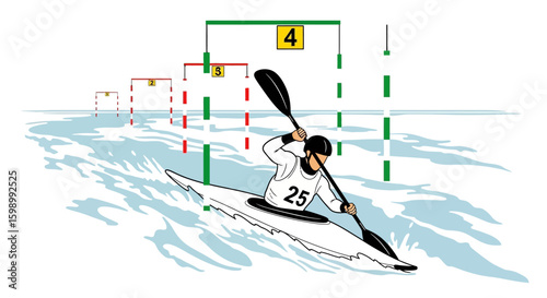 Illustration of man kayaking through water slalom course
